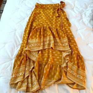 Golden yellow printed high low silky satin skirt with adjustable tie waist